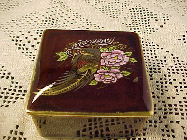 Trinket Box  Bird and Flower Motif Brown Glazed Pottery With Gold Accents