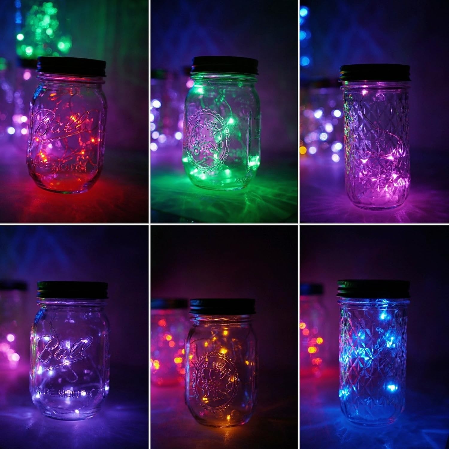 6 Pack Mason Jar Lights, 20 LED Solar Multi-Colored Fairy String Lights Lids Ins