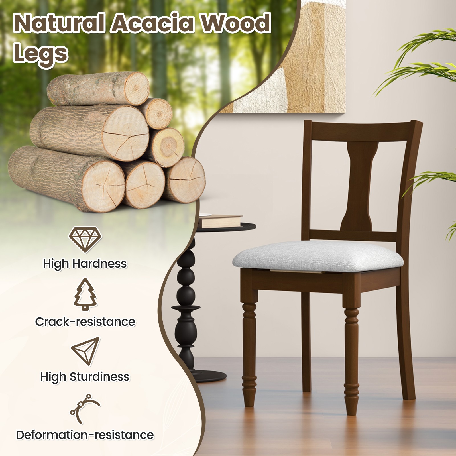 2 PCS Wood Chair Antique Upholstered Chair w/ Storage Space Brown & Light Gray