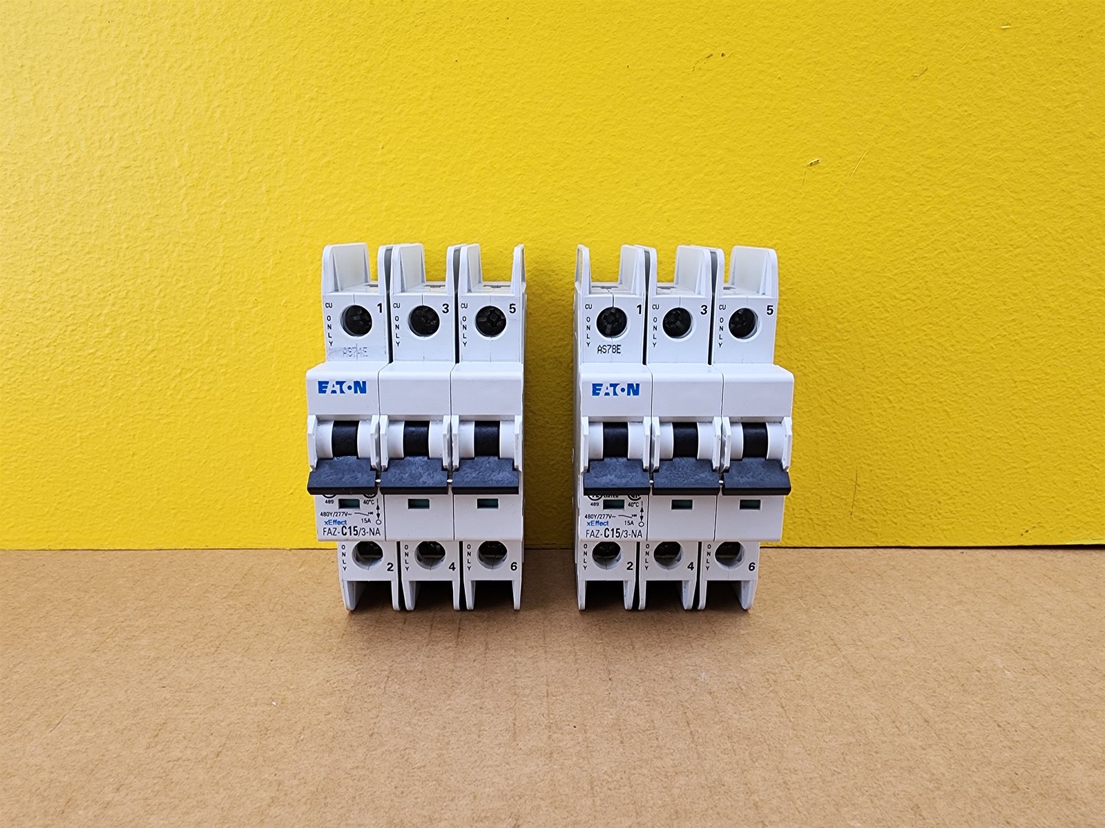 Eaton FAZ-C15/3-NA Miniature Circuit Breaker, 15 A, 277/480V, C-Curve (Lot of 2)