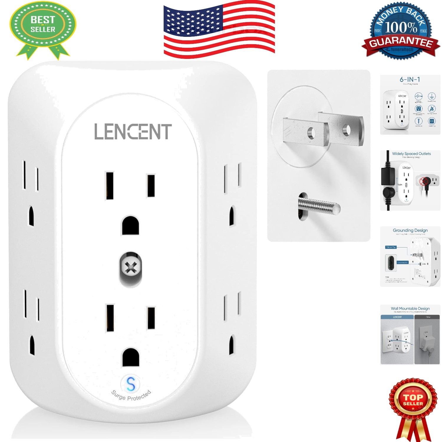 Versatile 3 Prong Outlet Extender: 6 AC Outlets with Surge Protection for Safety