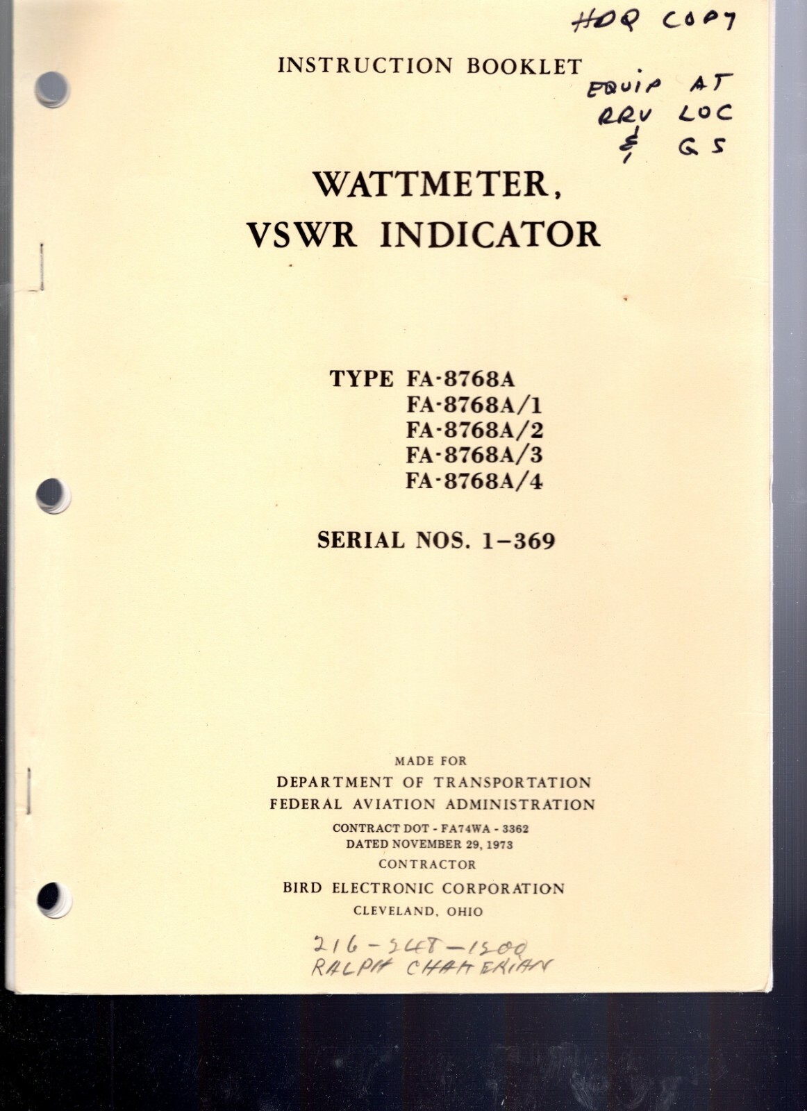Original Bird FA-8768A/1/2/3/4 Wattmeter VSWR Indicator Instruction Booklet 1973