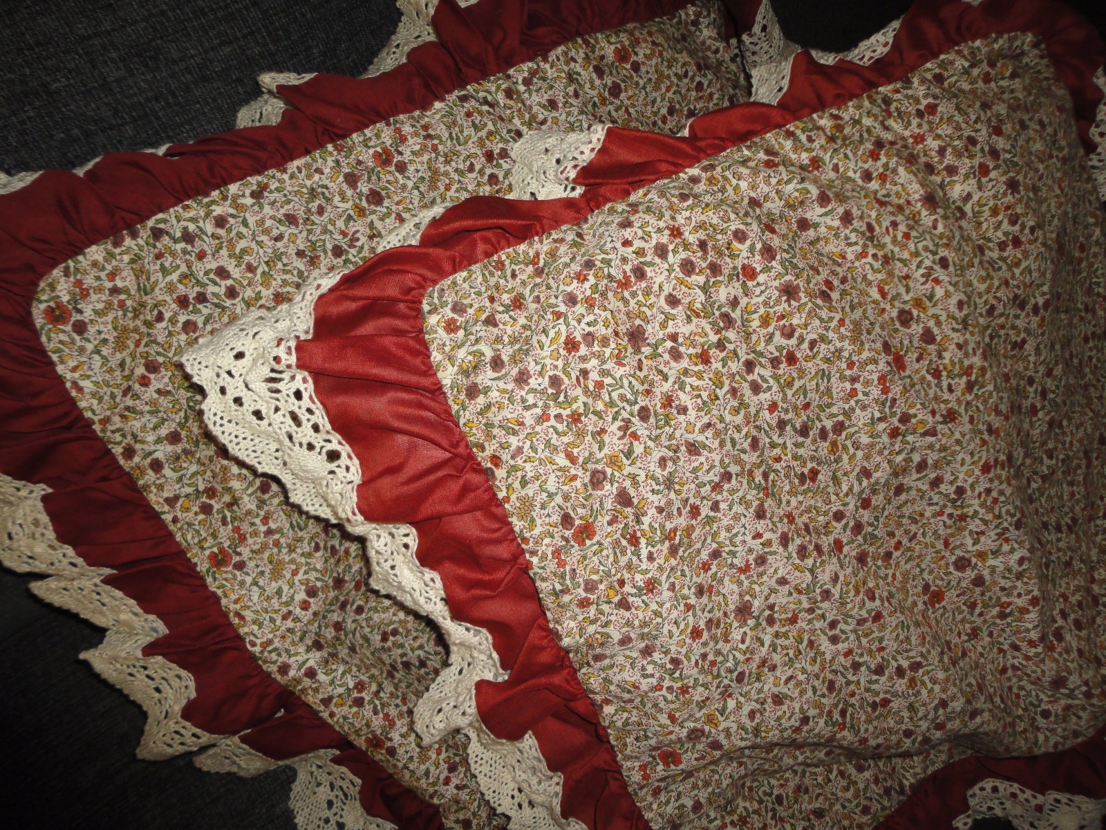 CROCHETED RUFFLED LACE BURNT ORANGE CREAM FLORAL (2) STANDARD PILLOW SHAMS