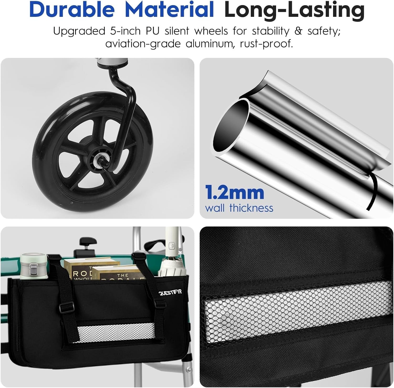 Foldable Walker with 360° Swivel Wheels & Motion Sensor Light, Lightweight Ad...