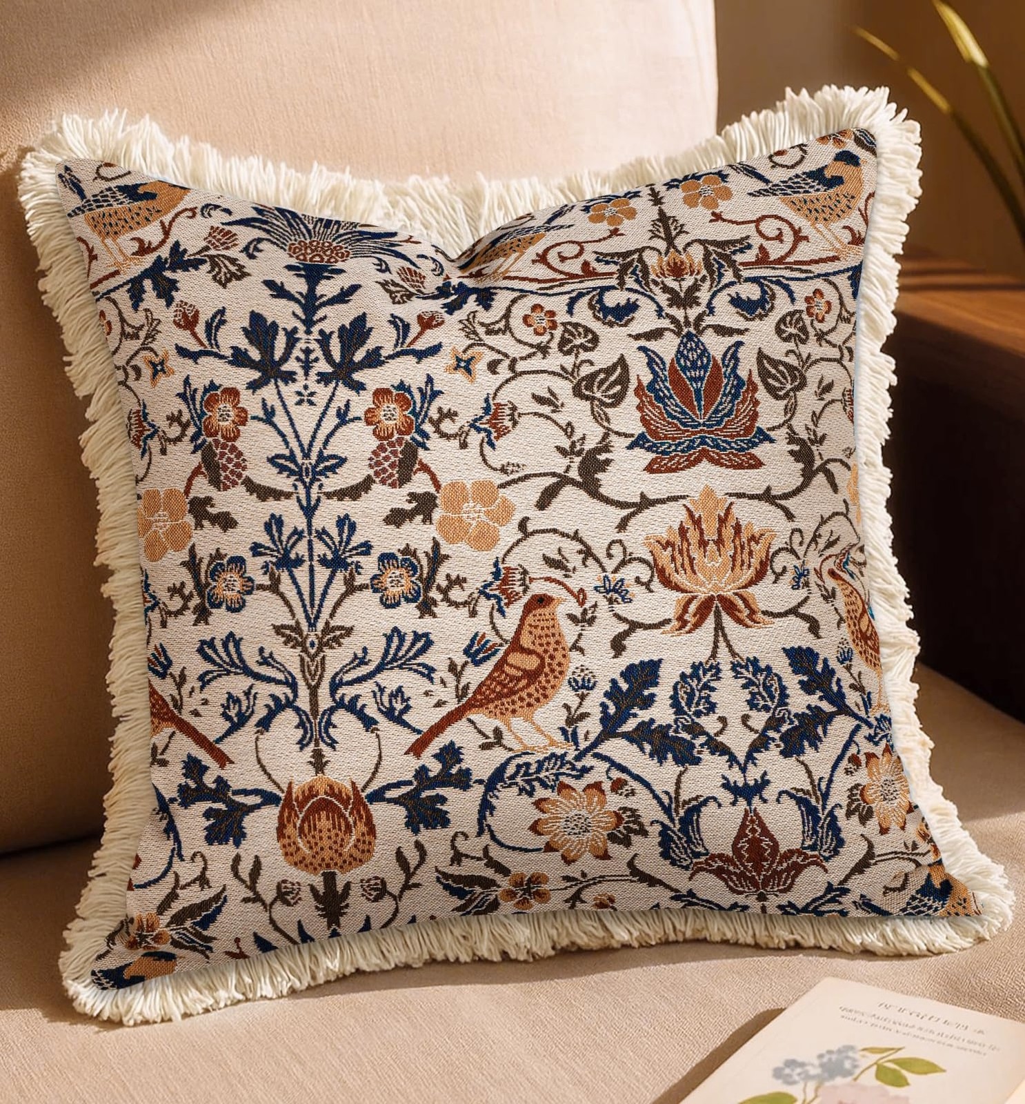 Decorative Throw Pillow Cover 18x18 - Vintage Pillowcovers with Fringe Bird F...