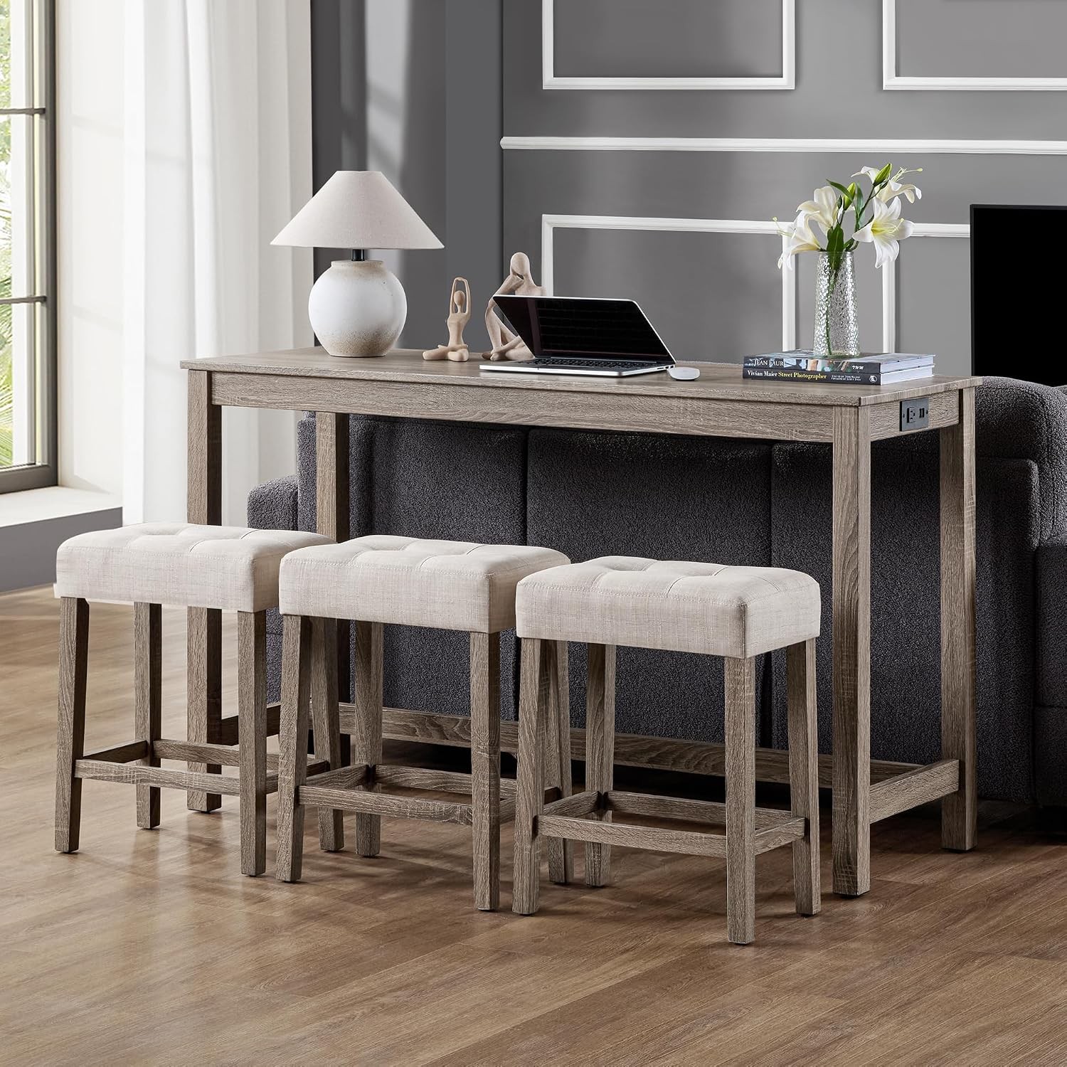 4 Piece Bar Table Set W/ Power Outlet,Industrial Breakfast Table W/ 3 Stools