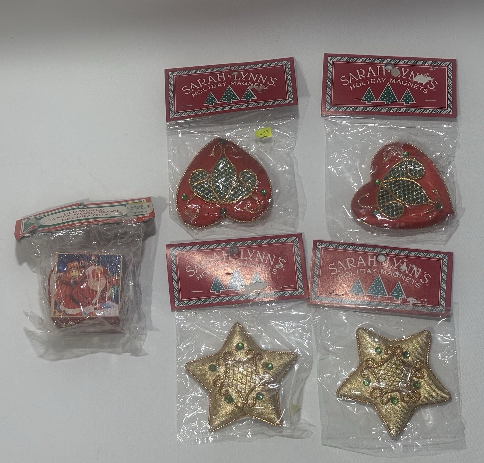 4 Vintage Sarah Lynn’s Holiday Heart Star Magnets SEALED NEW Plus Wood Block