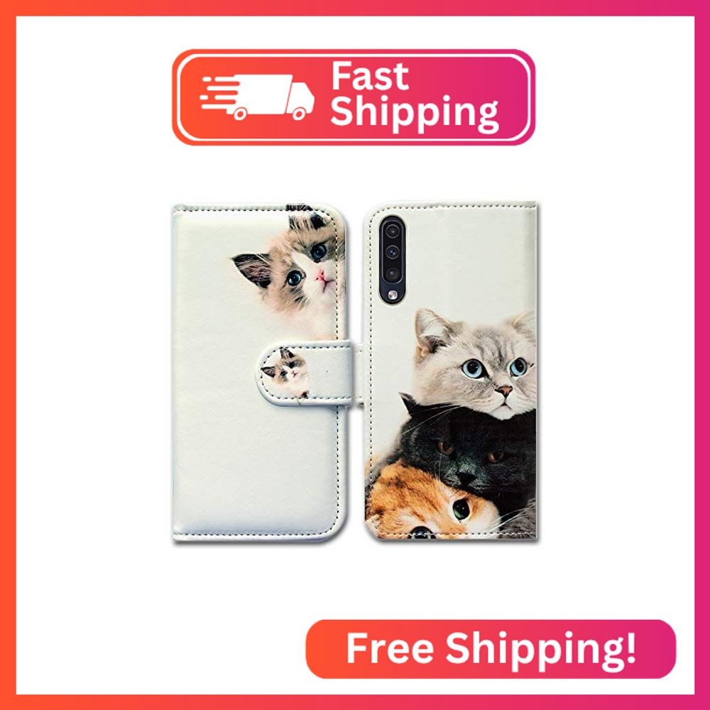 Bcov Case for Galaxy A50, Cute Brown Cat Leather Flip Wallet Case Cover with Car