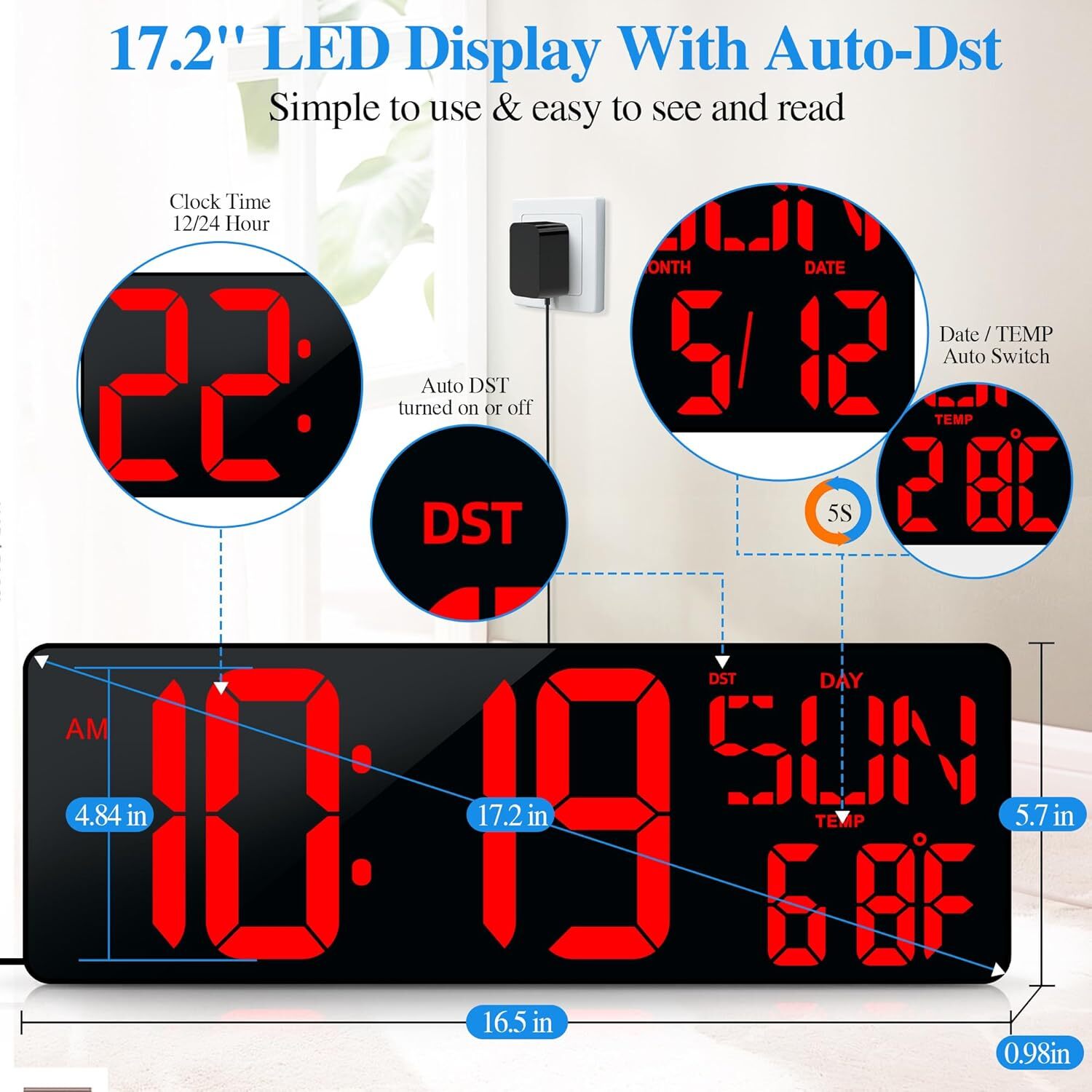 Large Digital Wall Clock With Remote Control 17.2 LED Large Display Timer With
