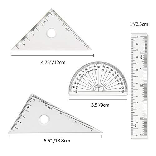 4 Pieces Math Geometry Tool Set Includes Plastic Clear Ruler, 6 inch