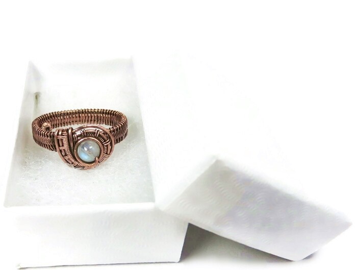 Moonstone Adjustable Ring, Woven in Copper Wire