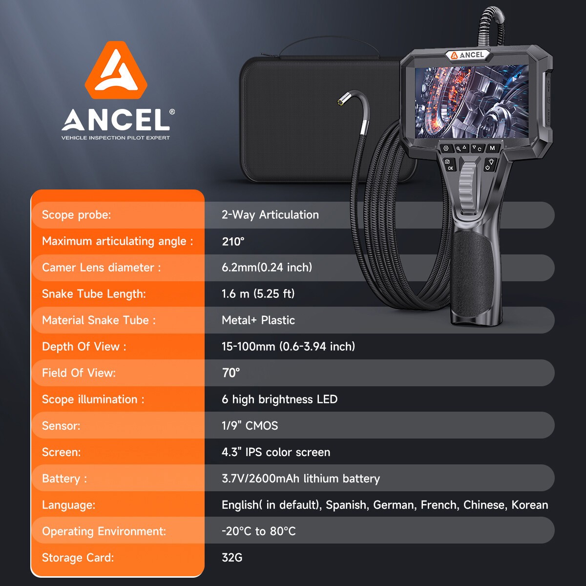 Articulating Borescope Industrial Endoscope Inspection 1080p Snake Camera 4.3"