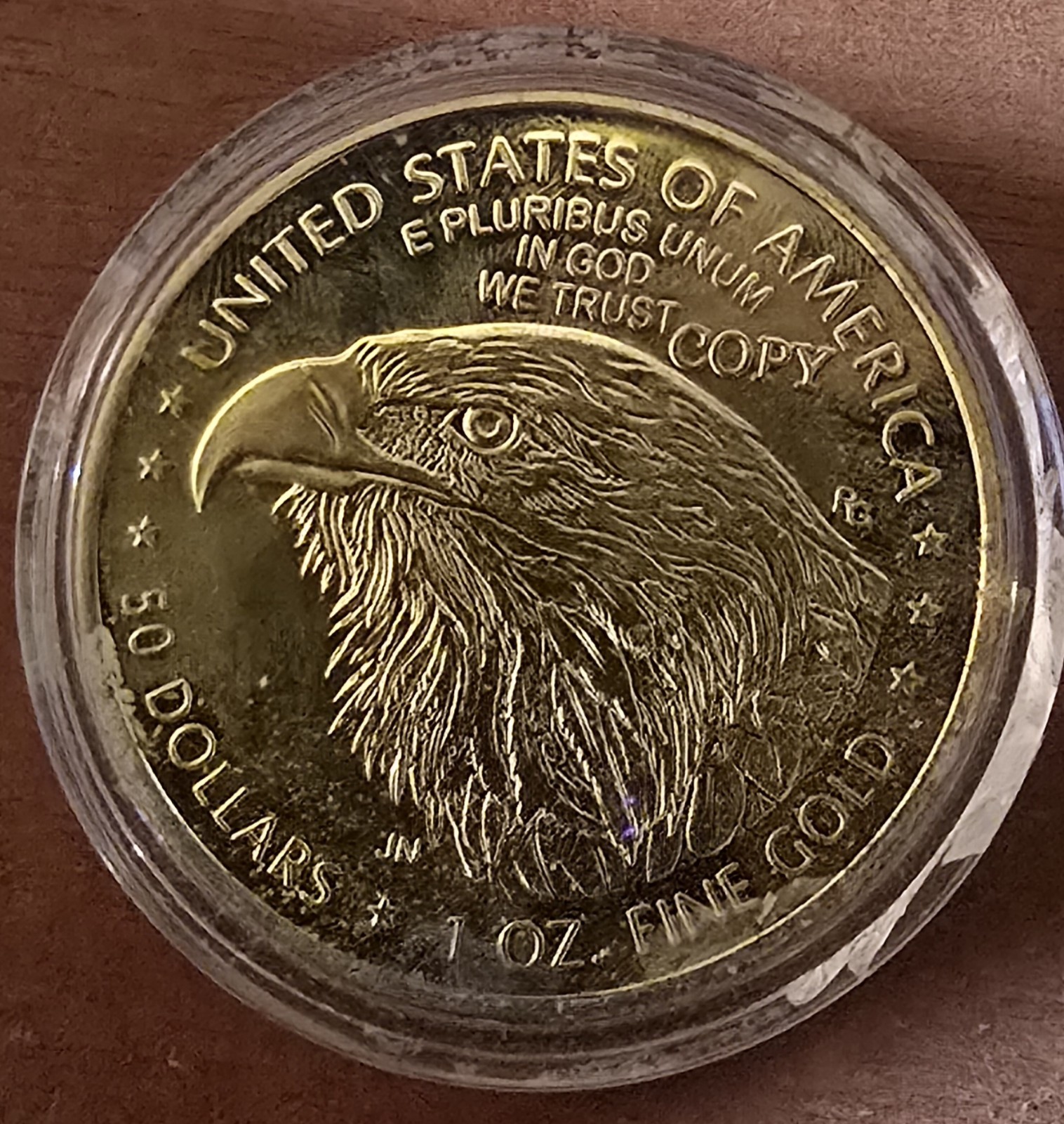 2023 50 Dollar, 1 Ounce- Gold Colored Liberty Coin. In Case. Marked COPY.