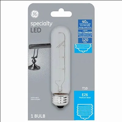 GE LED4T10/E26-OT1 LED Bulb, T10, Soft White, Clear, Non-Dimmable, 450 Lumens,
