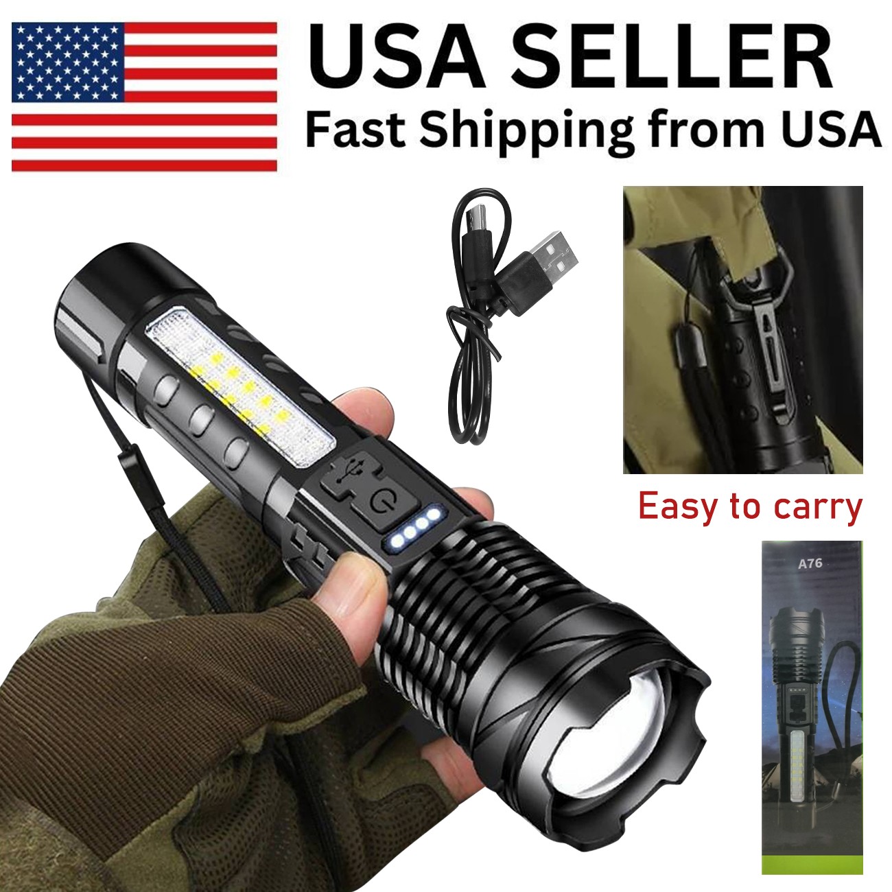 Rechargeable LED Flashlight Tactical Super Bright Torch Light 3 Lighting Color