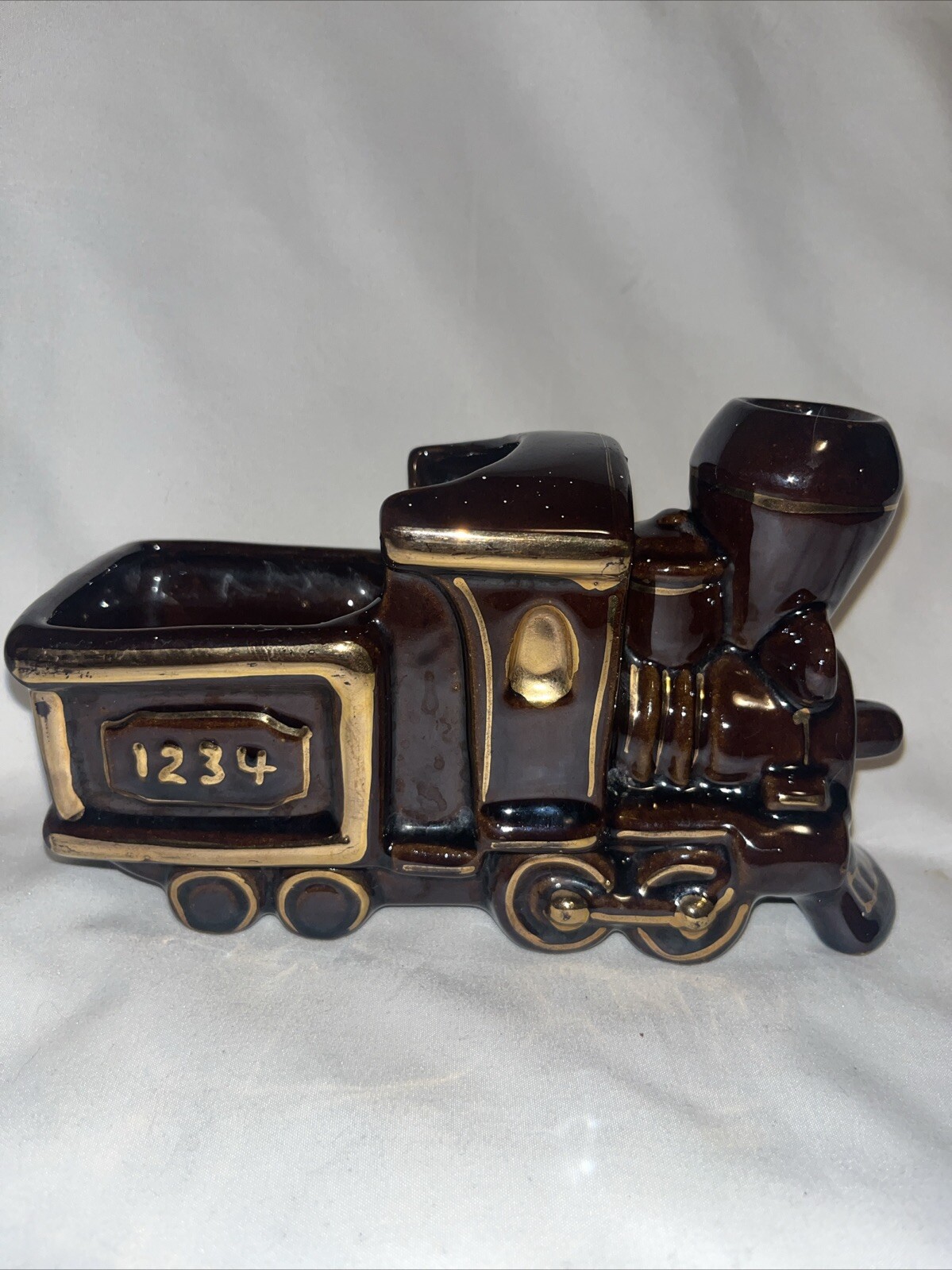 Ceramic PLANTER Locomotive Engine Brown With Gold Trim  Vintage 6.5” L