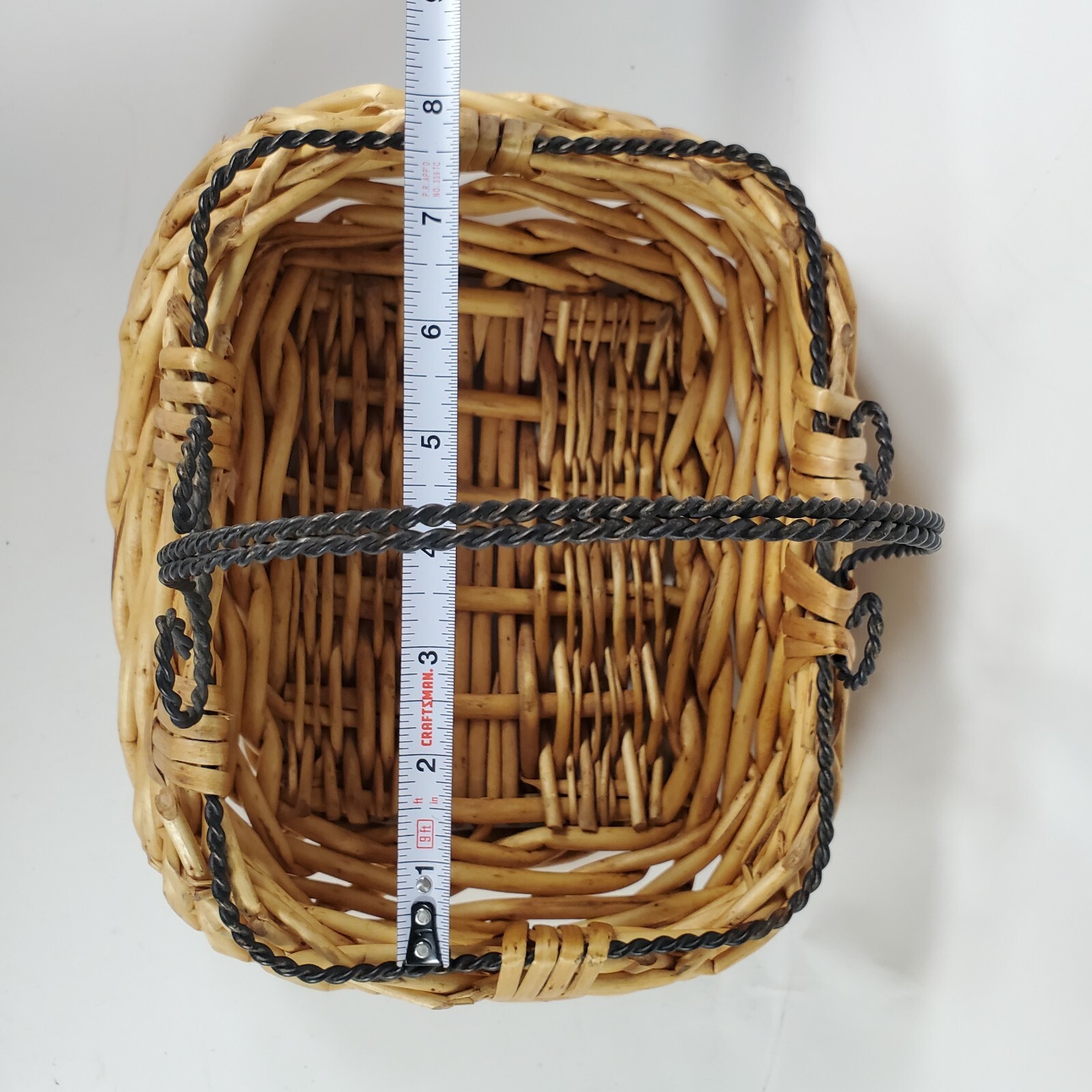 Bamboo Straw Basket With Metal Twisted Handle 8"H X 9.5"L
