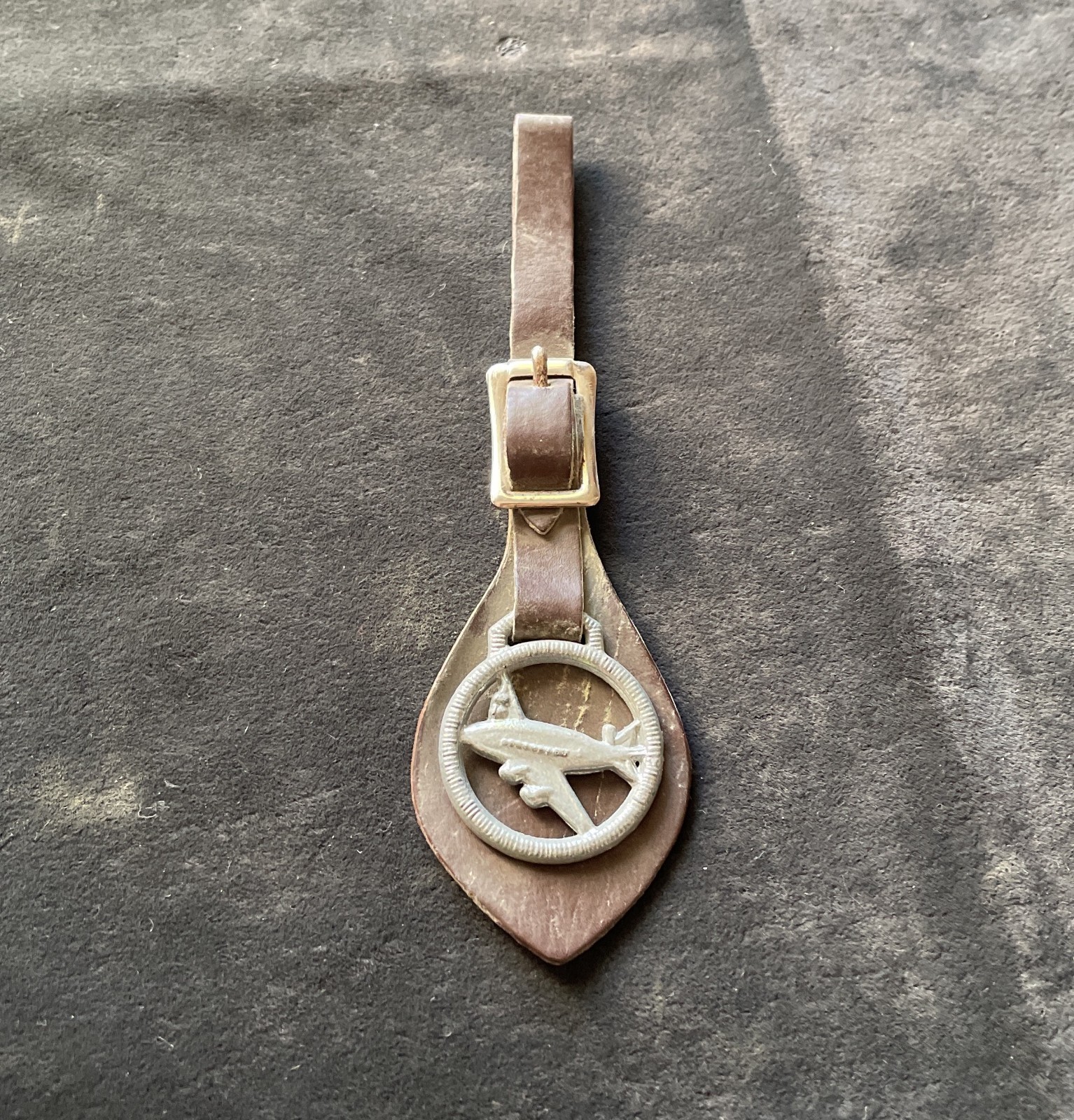 Vintage Airplane Silver Tone Watch Fob with Leather Strap