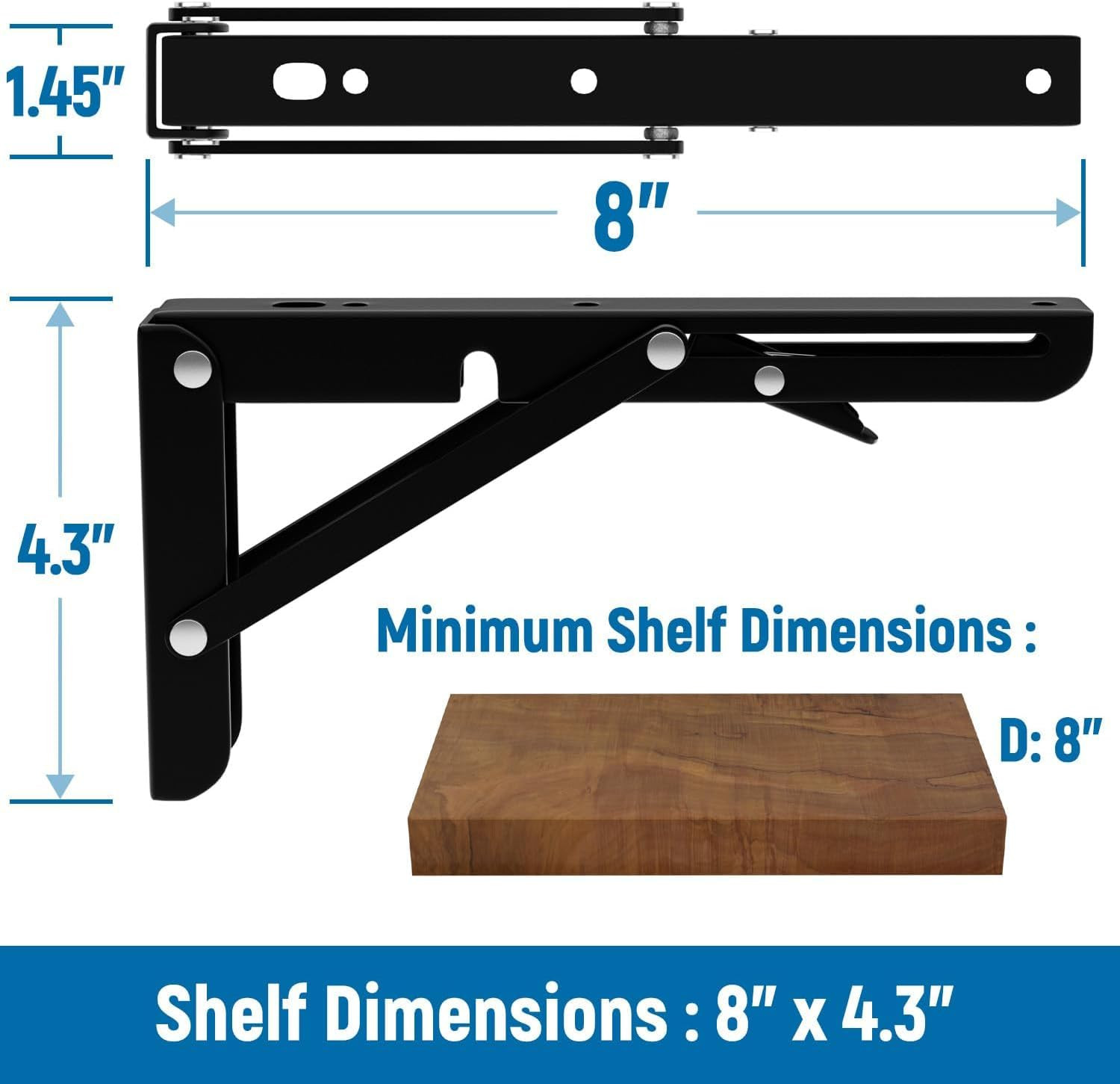 8 Inch Folding Shelf Brackets-2 Pack Foldable Heavy Duty Triangle Collapsible Wa