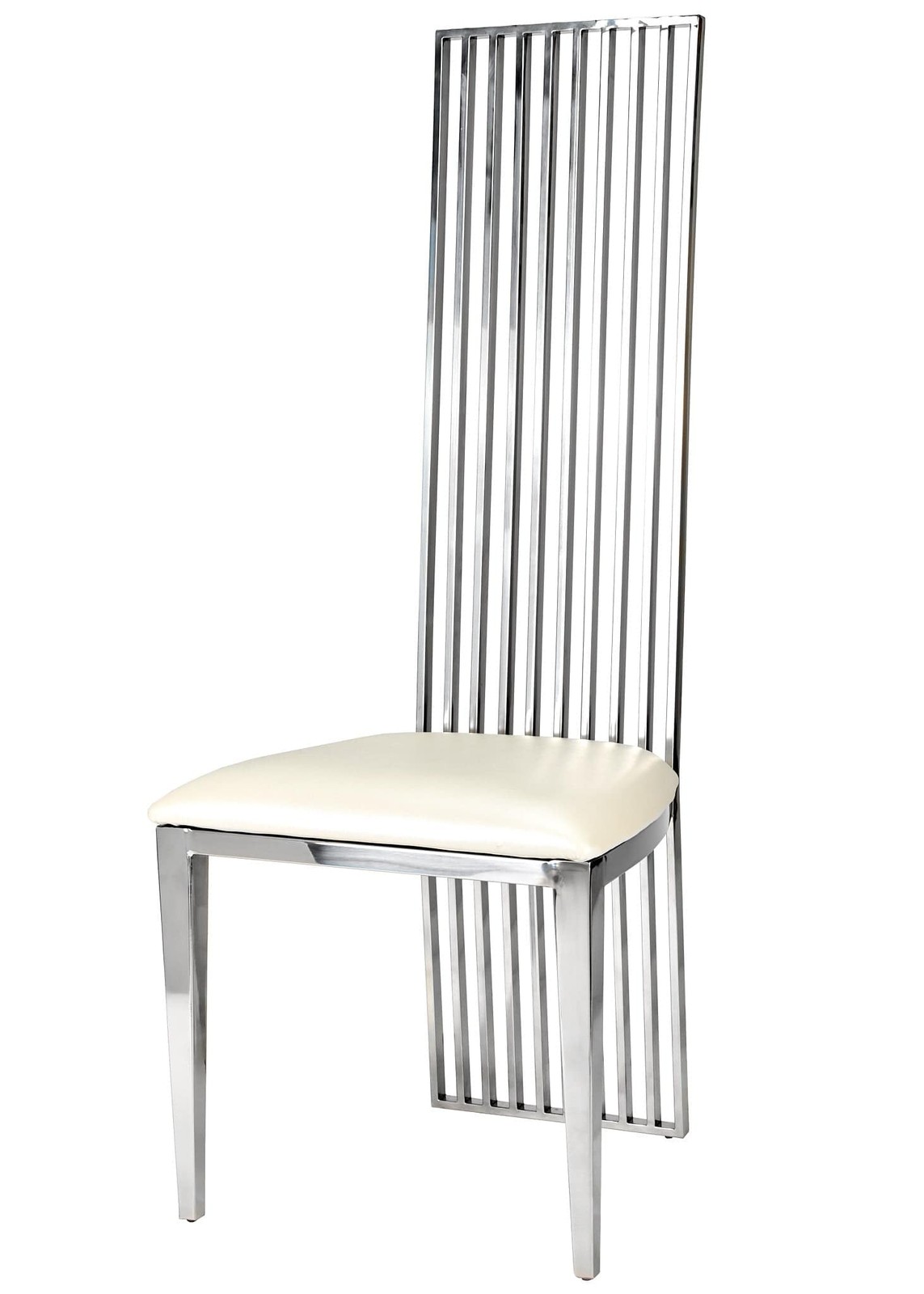 Silver Stainless Steel High Back Chair, Silver Frame, White Vinyl Seat-Chivari