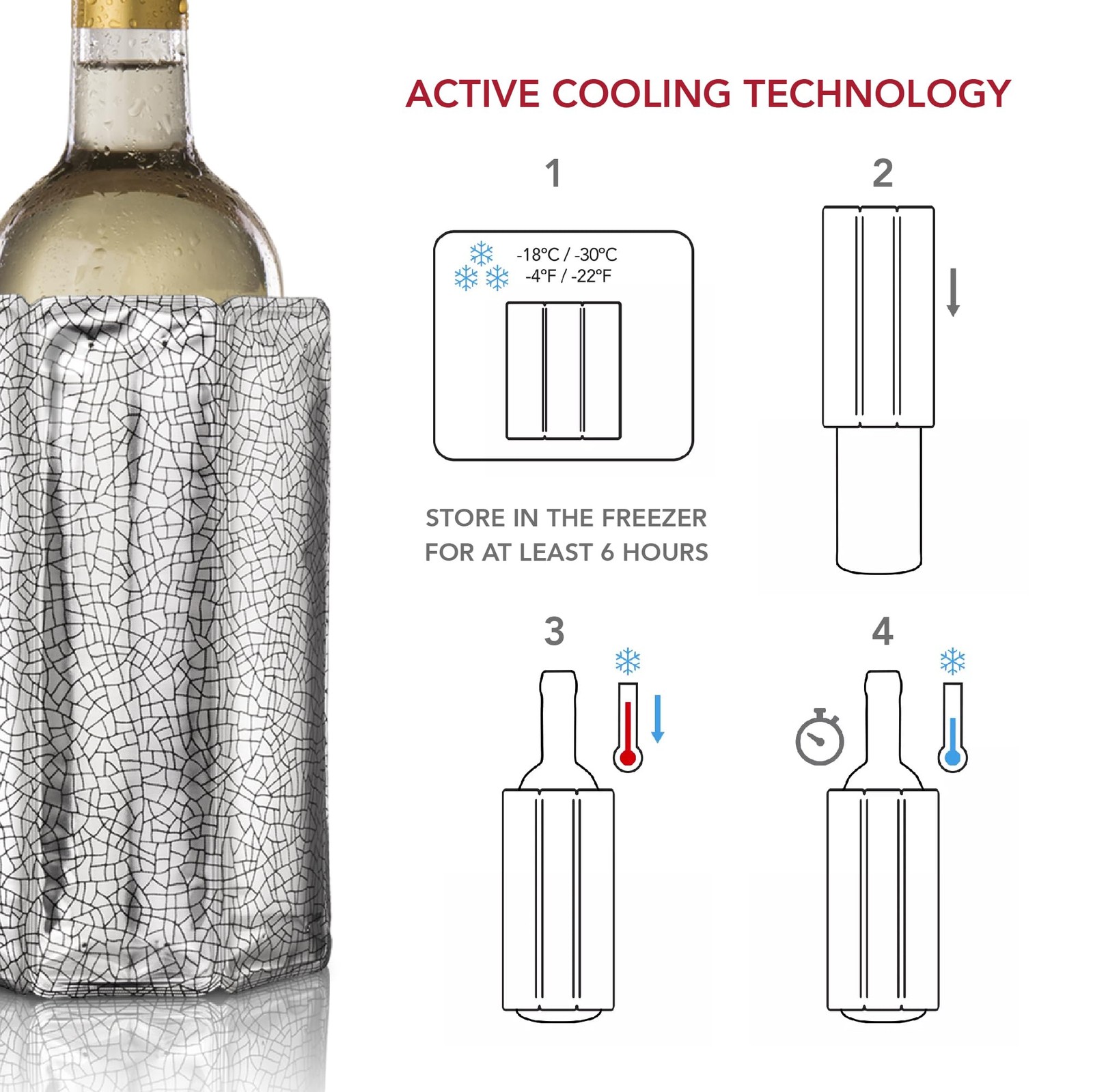 Rapid Ice Active Cooler Wine Bottle Chilling Sleeve Standard Silver