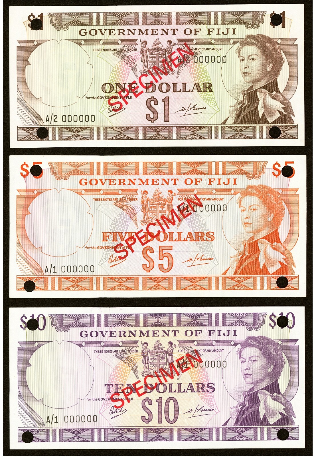 Fiji 1 5 10 Dollars ND(1969) P59s P61s P62s AUNC / Specimen