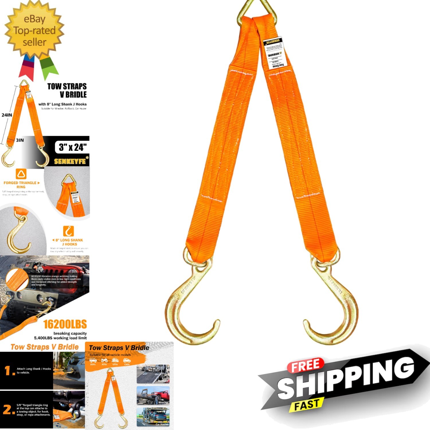 Tow Straps V Bridle, 3" x 24" Recovery V-Strap with 8" Short J Hooks, 5400LBS...