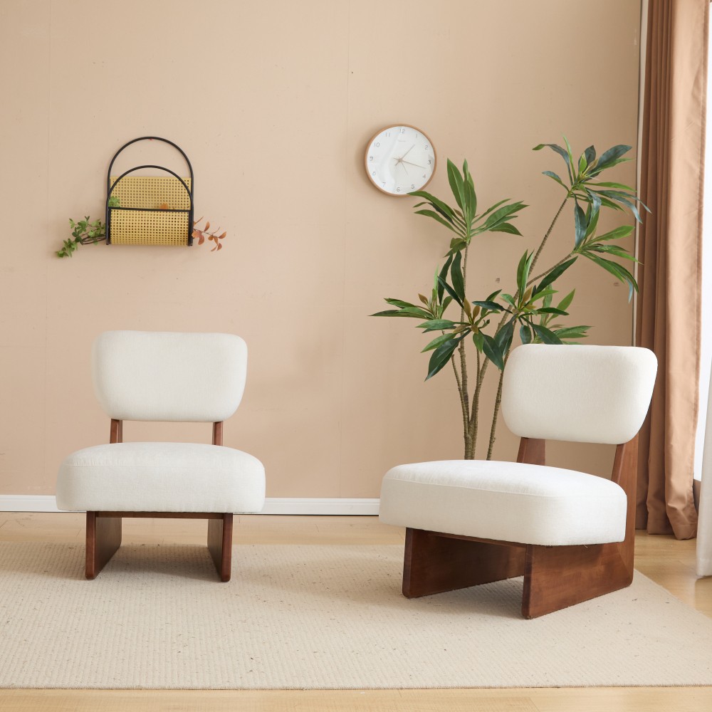 Modern Beige Lounge Chair Set of 2 w/Polyester Upholstery & Wood Base