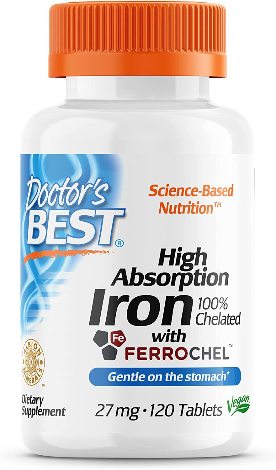 Doctor's Best High Absorption Iron Tablet with Ferrochel, Gentle on the Stomach,