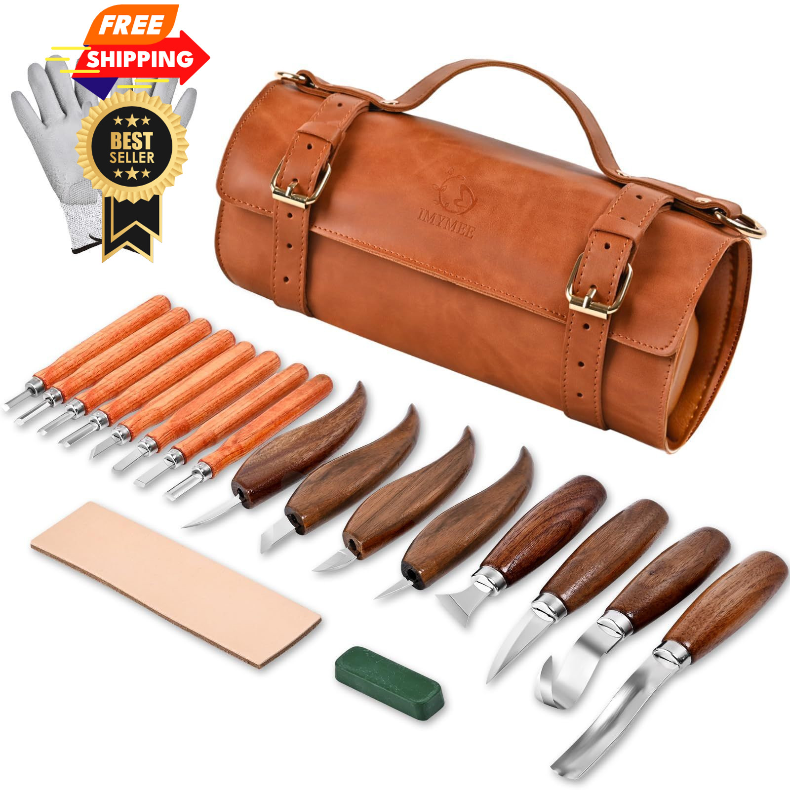 IMYMEE Deluxe Wood Carving Kit - 21Pcs Tools with Leather Brown