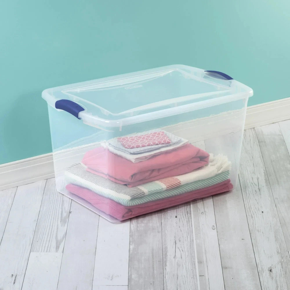 (4 pack) Sterilite Large Storage Bin, 66 Quart Clear Plastic Storage Container