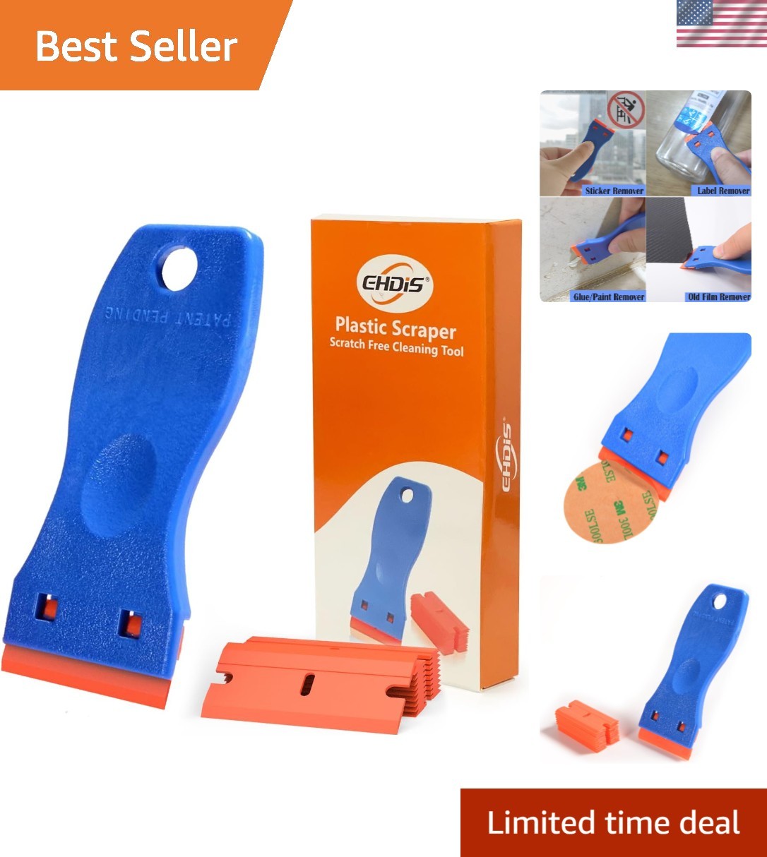 1.5" Ergonomic Plastic Razor Scraper with 10 Double Edged Blades - Multi-purpose
