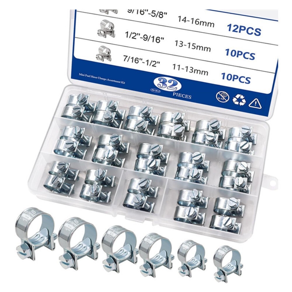 32pcs Galvanized Carbon Steel Hose Clamp Set Box Ear Type for Pipe Use