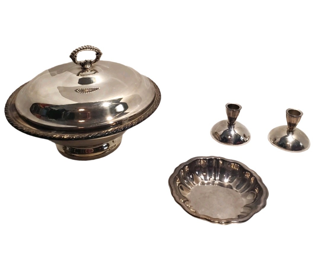 Vintage Lot Of 5 Pcs Silverplate | Chafing Dish w/Lid Candleholders & Candy Dish
