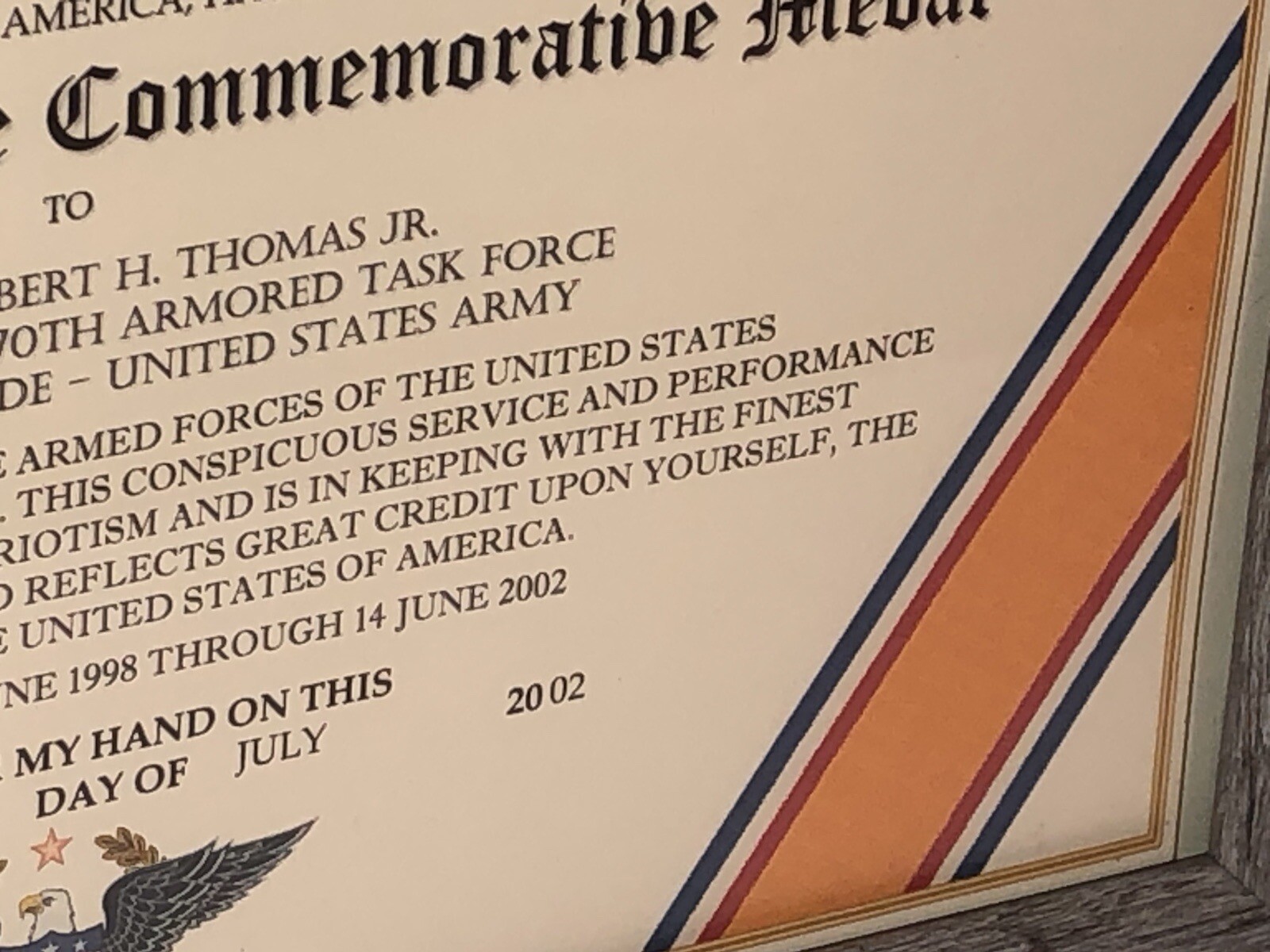 HONORABLE DISCHARGE COMMEMORATIVE MEDAL CERTIFICATE ~ Type 1