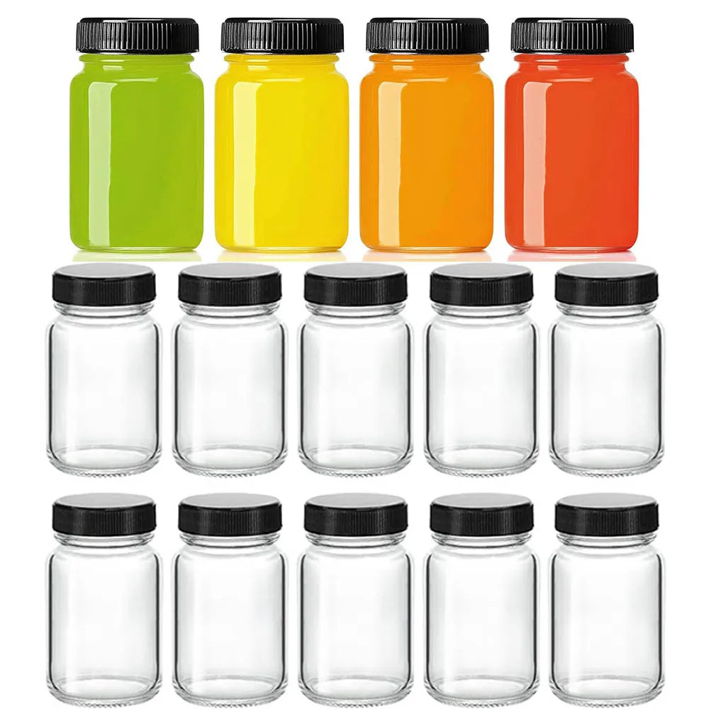 2oz Glass Shot Bottles with lids - Small Clear Jars for Ginger，Wellness Shots, J