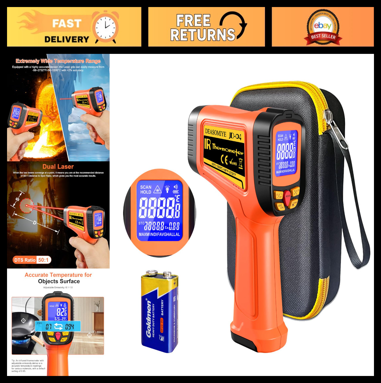 Digital Infrared Thermometer Gun -58°F to 2732°F, 50:1 Laser Temp Gun, MAX/MIN/A