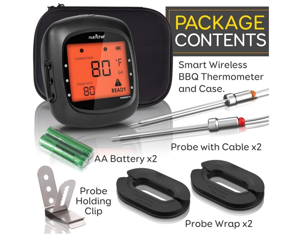 NutriChef Smart Bluetooth BBQ Smoker Thermometer w/ 2 Temp. Stainless Probes LCD