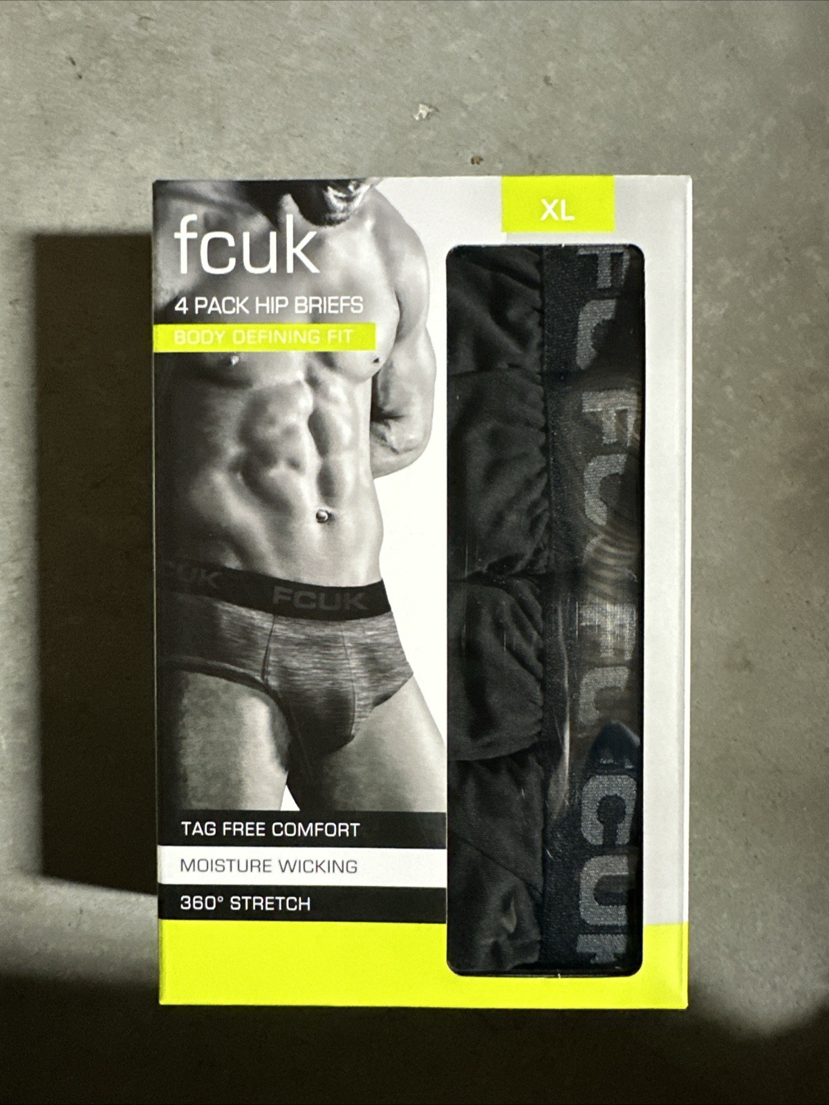 Men's 4 Pack Hip Briefs FCUK Choose size Tag Free, Moisture Wicking XL NIB
