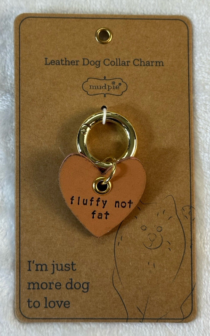 NEW Mud Pie FLUFFY NOT FAT Leather Dog Collar Charm Tag Heart Tan Pup Fur Big