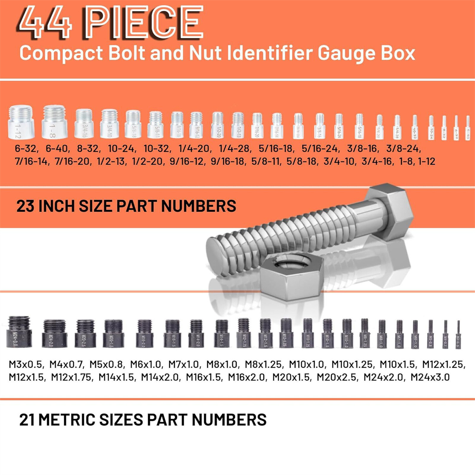US 44pcs Nut & Bolt Thread Checker Identifier Inch & Metric Thread Gauges W/Box