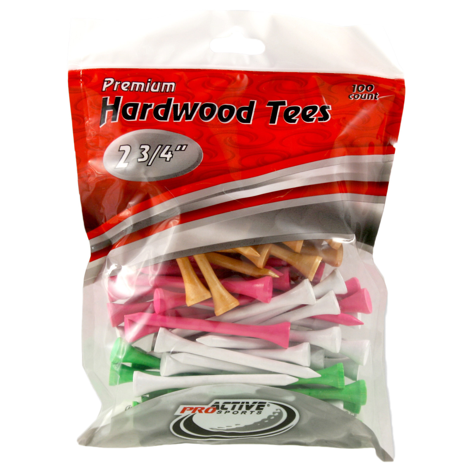 100 Pack of 2 3/4" inch Hardwood Golf Tees by ProActive Sports - MIXED COLORS