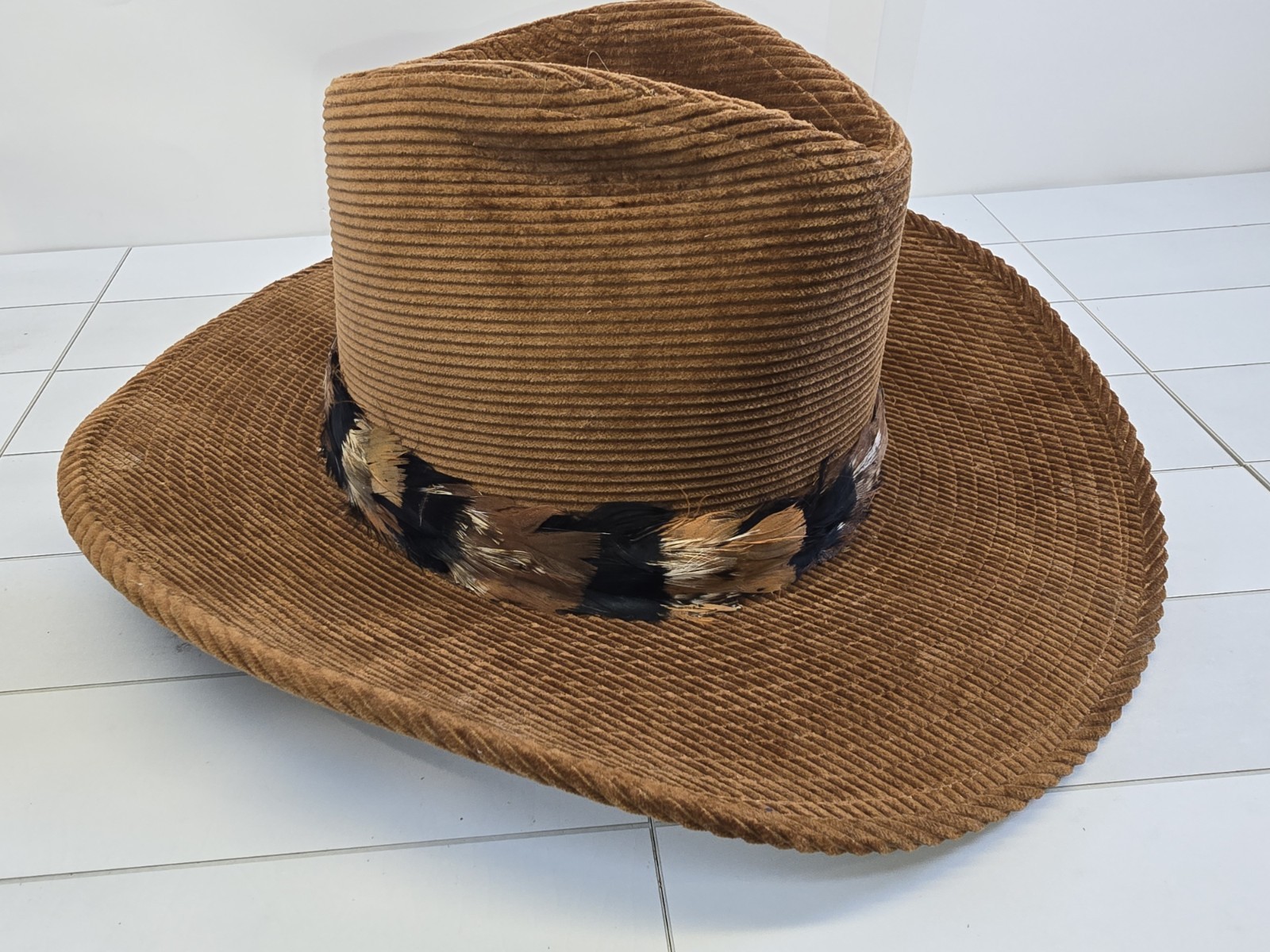 Resistol Western Corduroy Cowboy Hat Size 7 Brown Feather Leather Band USA Made