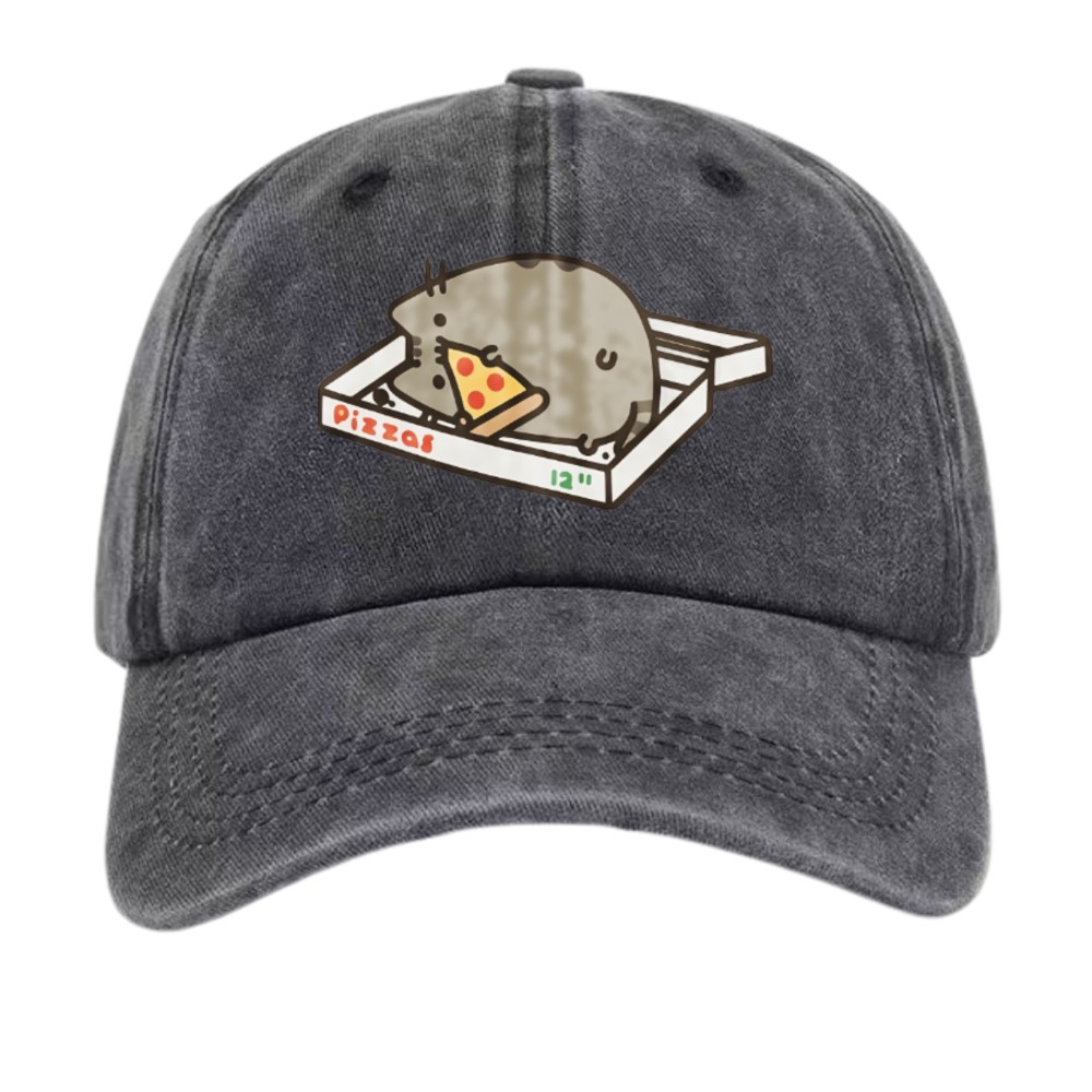 Pusheen Cat Eating Pizza Dad Hat, Cute Foodie Unisex Washed Baseball Cap