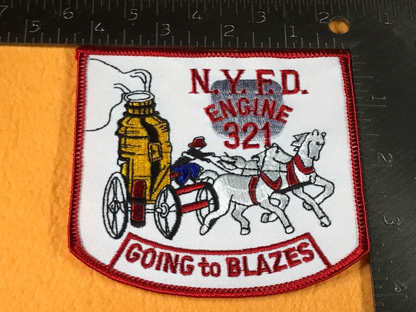 I1-16 NEW YORK FIRE DEPARTMENT PATCH - ENGINE 321 GOING TO BLAZES - HORSE PUMPER