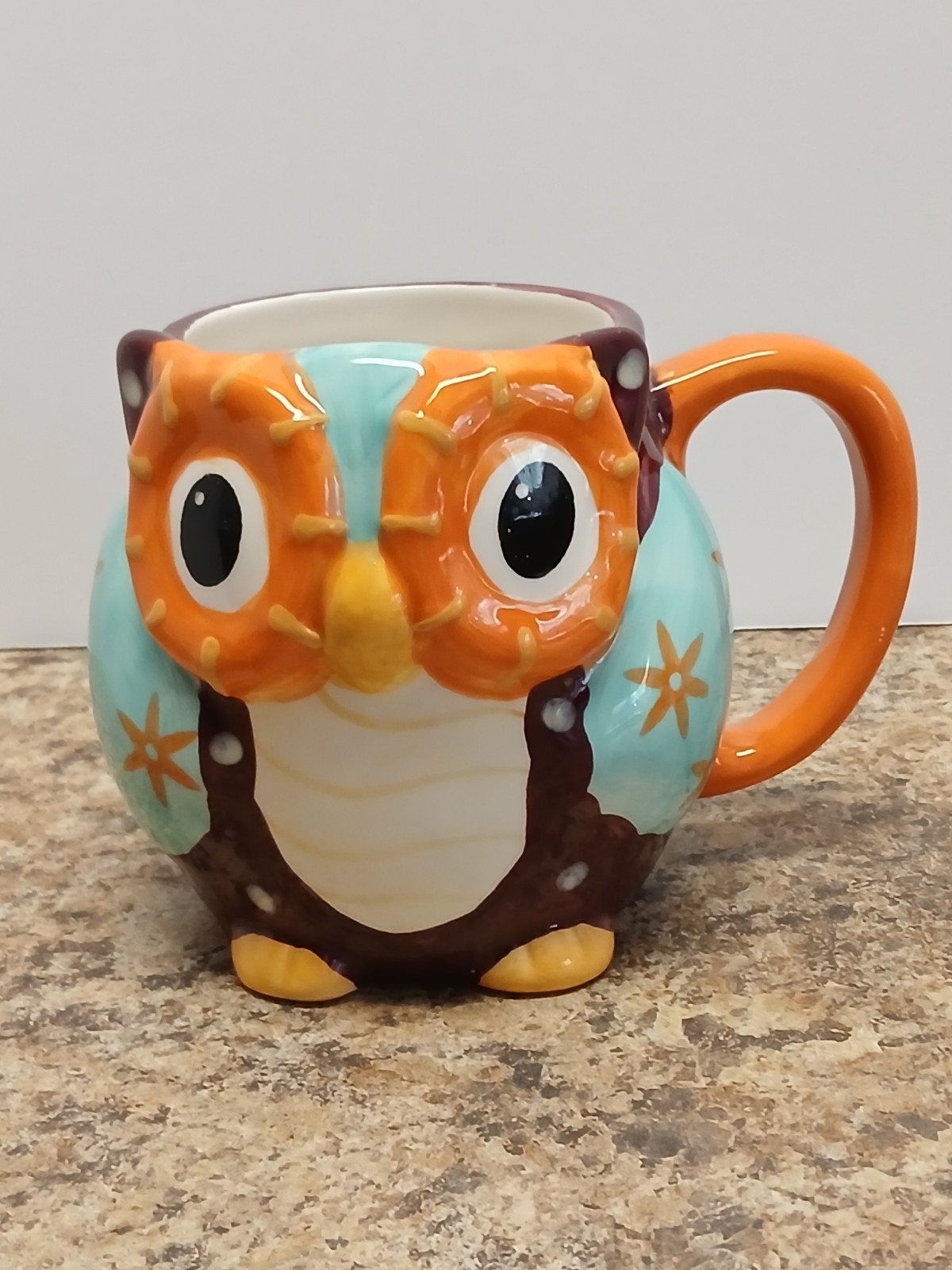 Colorful Teal /Orange/Brown With Polka Dots 3D Ceramic Owl Coffee Mug New