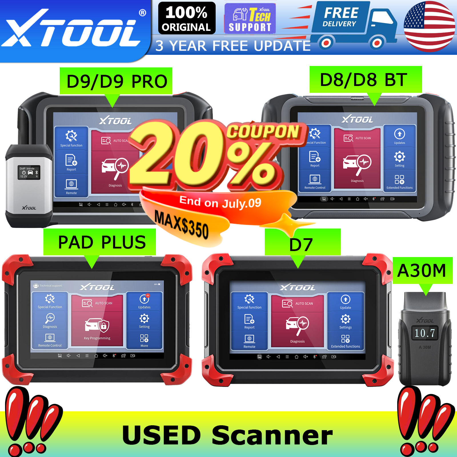 XTOOL D7 D8-BT D9-BT A30M Automotive Diagnostic Scanner Bidirectional Scan Tool