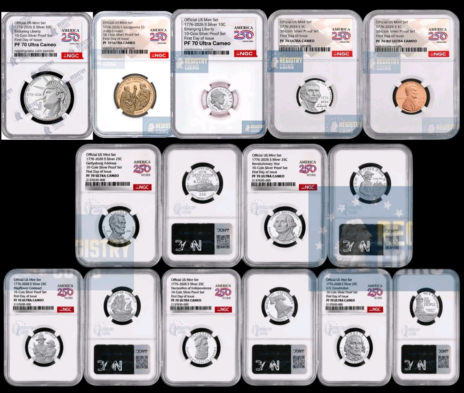 1776-2026 S Silver Proof Complete 10 Coin Set - NGC PF70 - 250th Label First Day