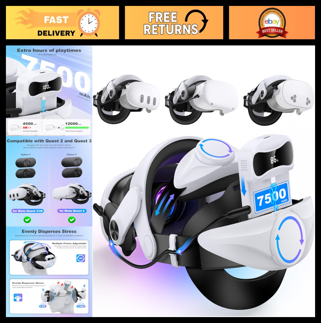 Comfortable VR Head Strap with 7500mAh Battery for Meta Quest 3/2 - Adjustable F