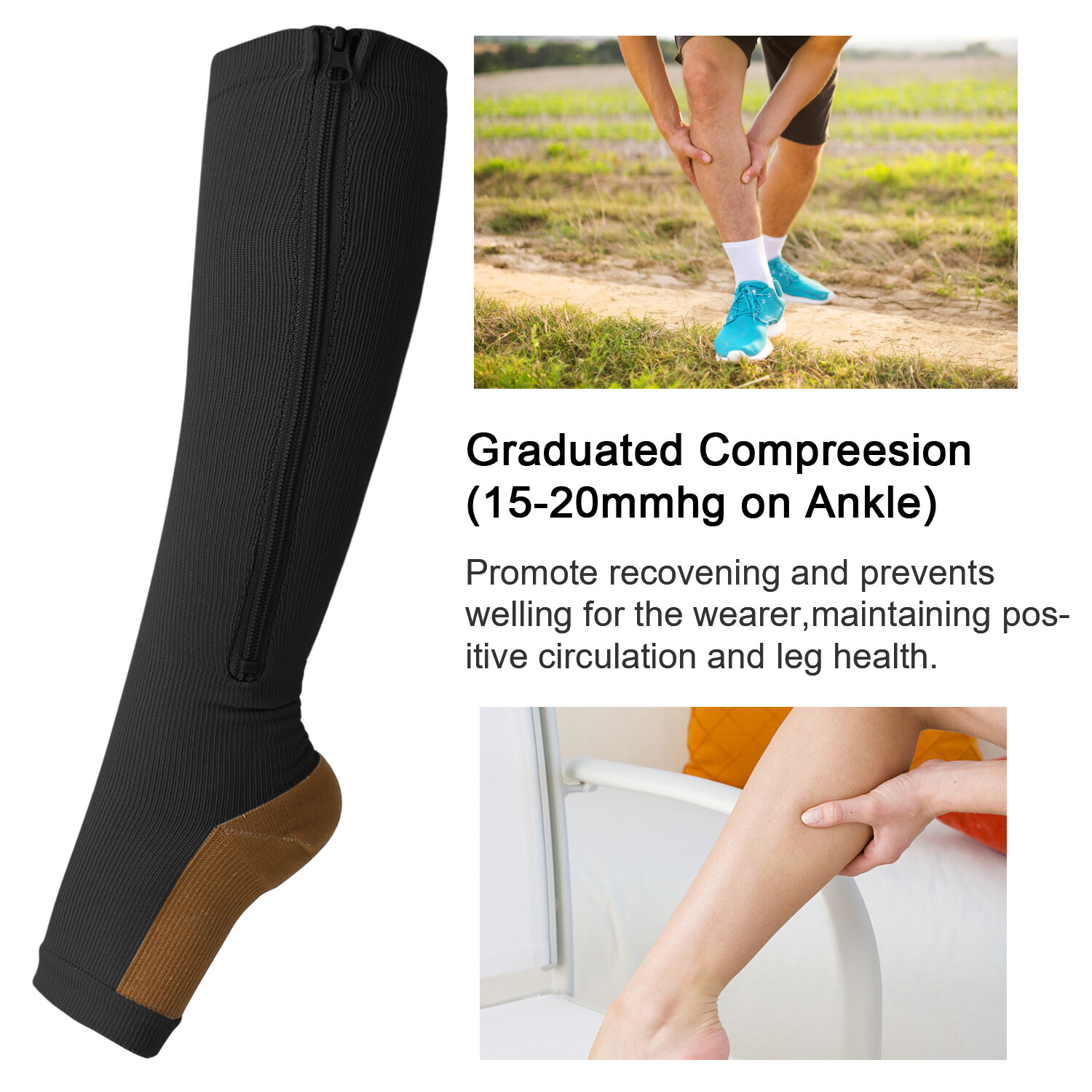 Zipper Compression Stockings - Knee High Support for Calf & Foot Pain Relief